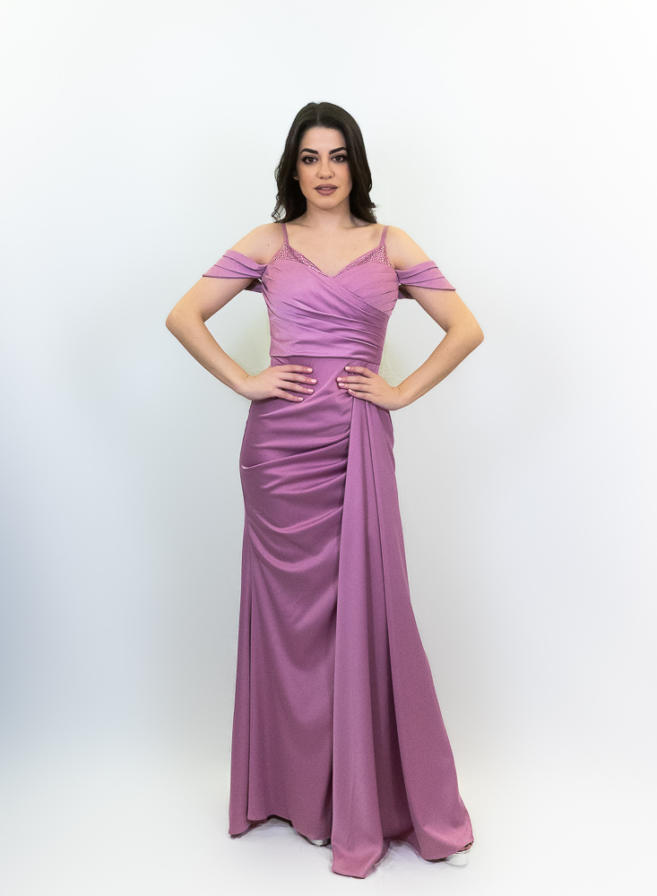Cecilia: Maxi σατέν φόρεμα off shoulder μανίκια - 1